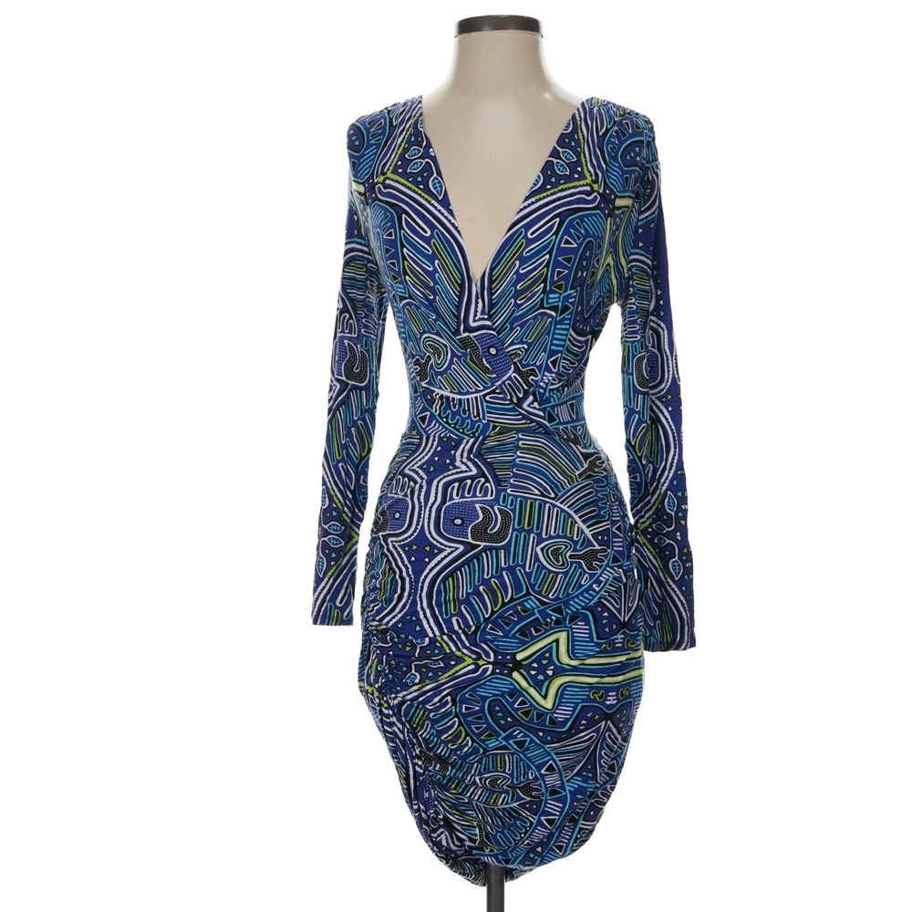 Mara Hoffman Blue Tribal Print Wrap Front Ruched Bodycon Dress XS Long Sleeve